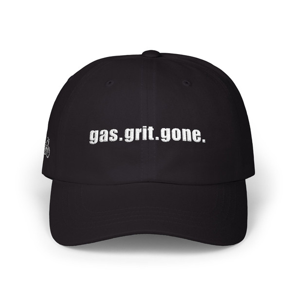 Dad Cap — 'gas.grit.gone.' - Embroidered Baseball Hat - Motorcycle on Side - Color Choice