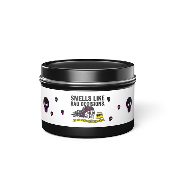 Tin Candle - 'Smells Like Bad Decisions' Scented Tin Candle with Skull Design