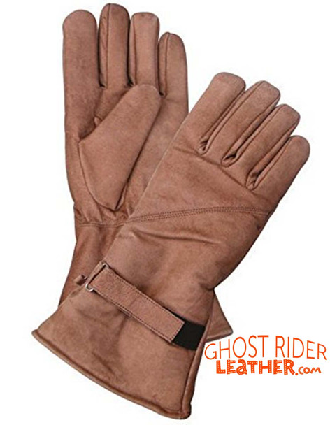 Leather Gloves  - Men's - Brown - Gauntlet - Motorcycle Riding - AL3053-AL