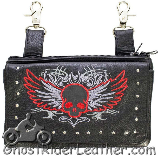 Leather Belt Bag - Red Flying Skull Design - Handbag - BAG35-EBL10-RED-DL