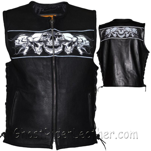 Leather Motorcycle Vest - Men's - Reflective Skulls - Gun Pockets - MV8025-11-DL