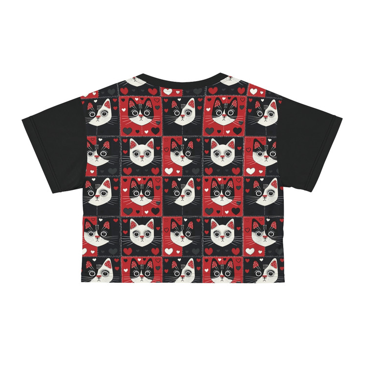 Cats and Hearts in Squares Pattern - Red White Black - Cropped T-shirt - Crop Tee