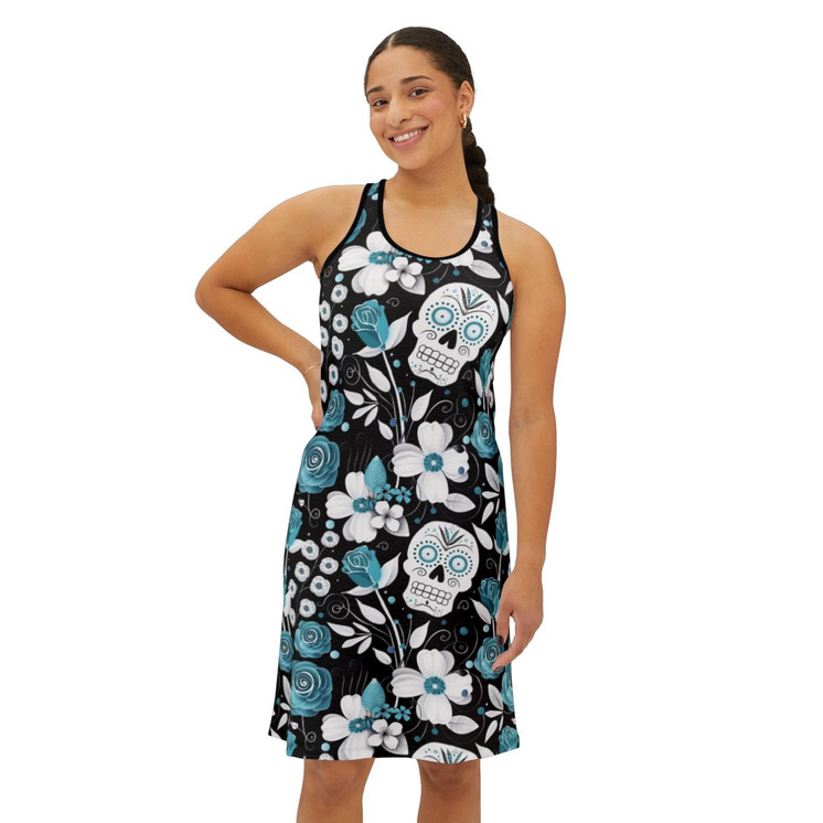 Sugar Skull - Roses Pattern - Aqua and White on Black - Women's Racerback Dress