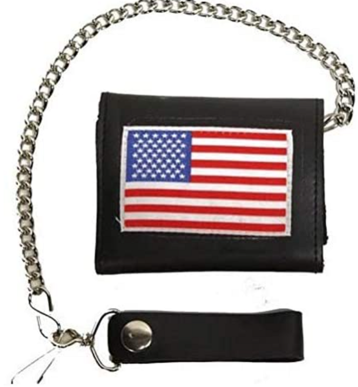 Leather Chain Wallet - 4 Inch Tri-Fold - USA Flag Style - AC55-USAFLAG-DL