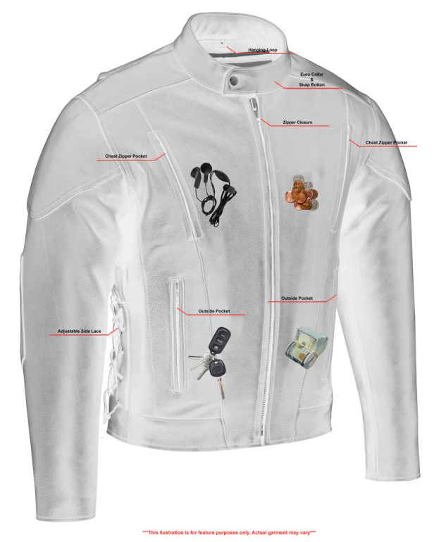 Men's Leather Motorcycle Jacket - Side Laces - Ventilated - Gun Pockets - DS777-DS