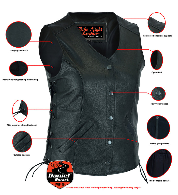 Women's 3/4 length tall leather motorcycle vest with gun pockets.