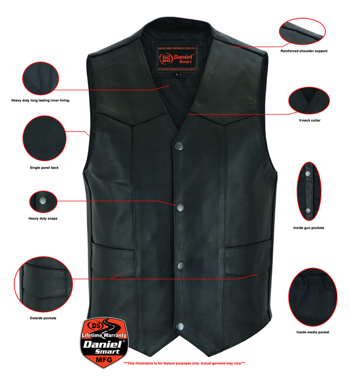 Leather Motorcycle Vest - Men's - Gun Pockets - Up To 9XL - DS110-DS