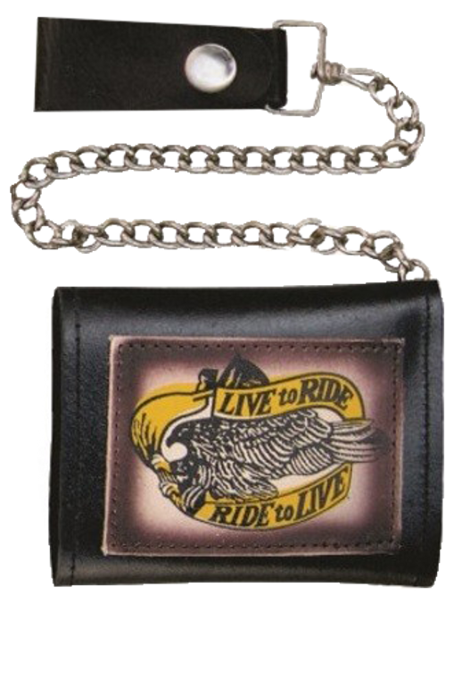 4 inch Black Leather Chain Wallet with Live To Ride - Tri-fold - SKU AL3273-AL