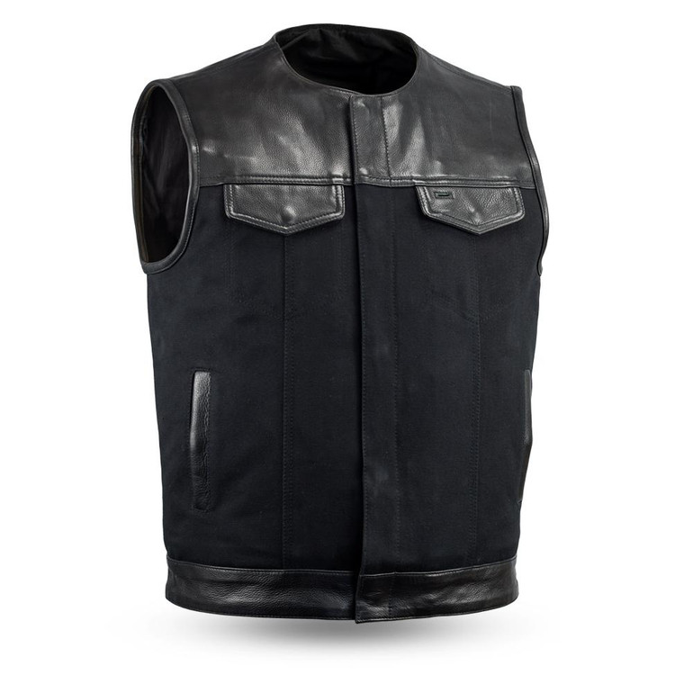 Canvas and Leather Motorcycle Vest - Men's - Up To 5XL - No Collar - 49/51 - FIM4951CNV-N-FM