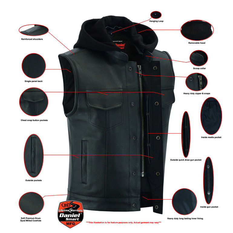 Leather Motorcycle Vest - Men's - Gun Pockets - Hoodie - Up To 12XL - Big and Tall - DS182-DS