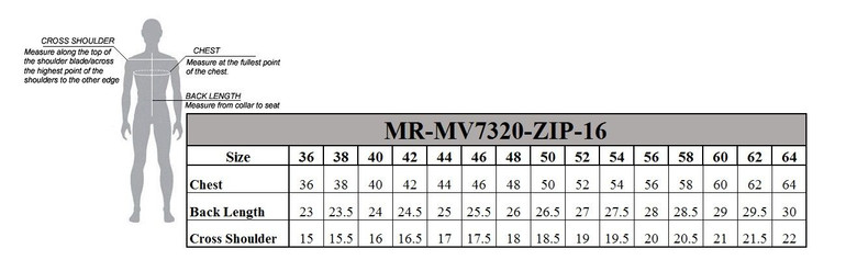 Gray Leather Motorcycle Vest - Men's - Club Style - Up To 64 - MR-MV7320-ZIP-16-DL Size Chart