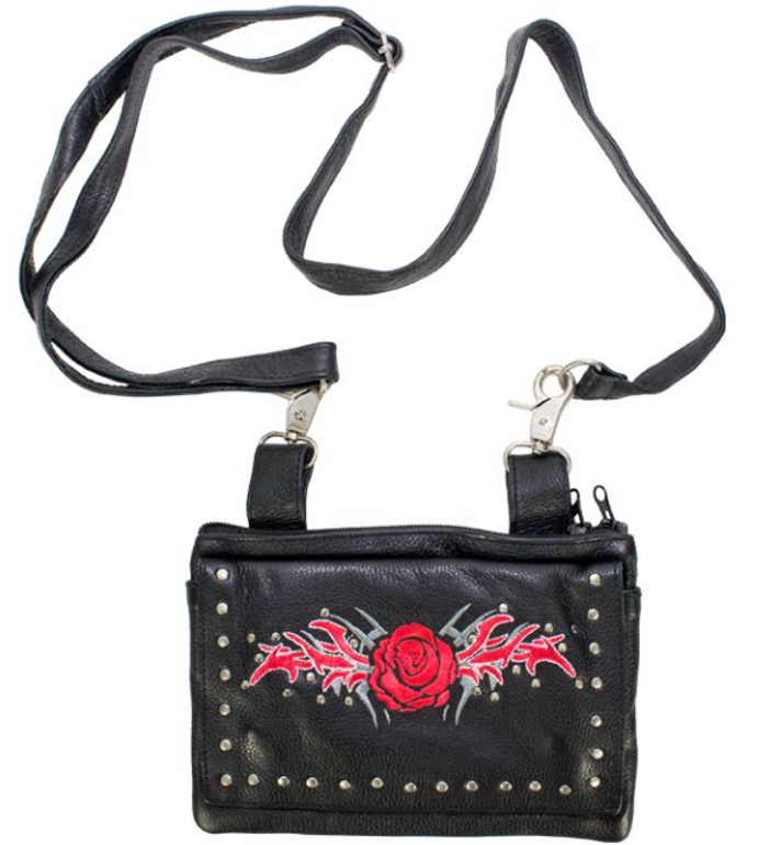 Leather Belt Bag - Red - Rose Design - Handbag - BAG35-EBL6-RED-DL