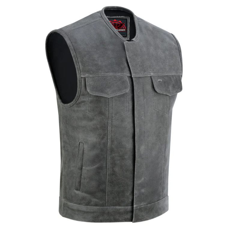 Leather Motorcycle Vest - Men's - Vintage - Gray - Gun Pockets - Up To 12XL - Vintage - RC191V-RC