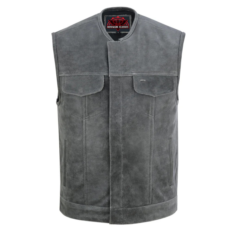 Leather Motorcycle Vest - Men's - Vintage - Gray - Gun Pockets - Up To 12XL - Vintage - RC191V-RC
