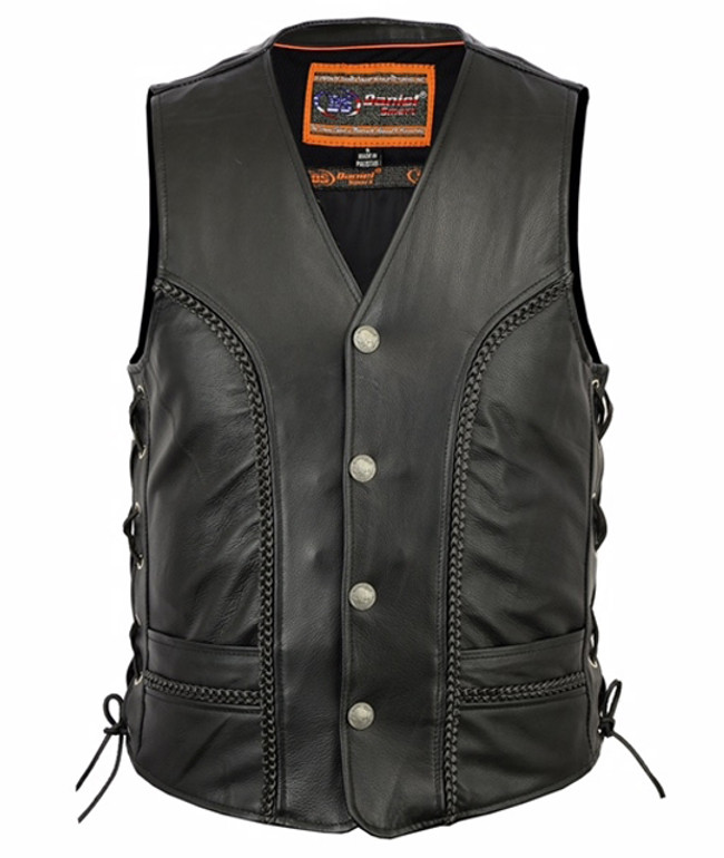 Leather Motorcycle Vest - Men's - Gun Pockets - Braided - Up To 6XL - DS131-DS