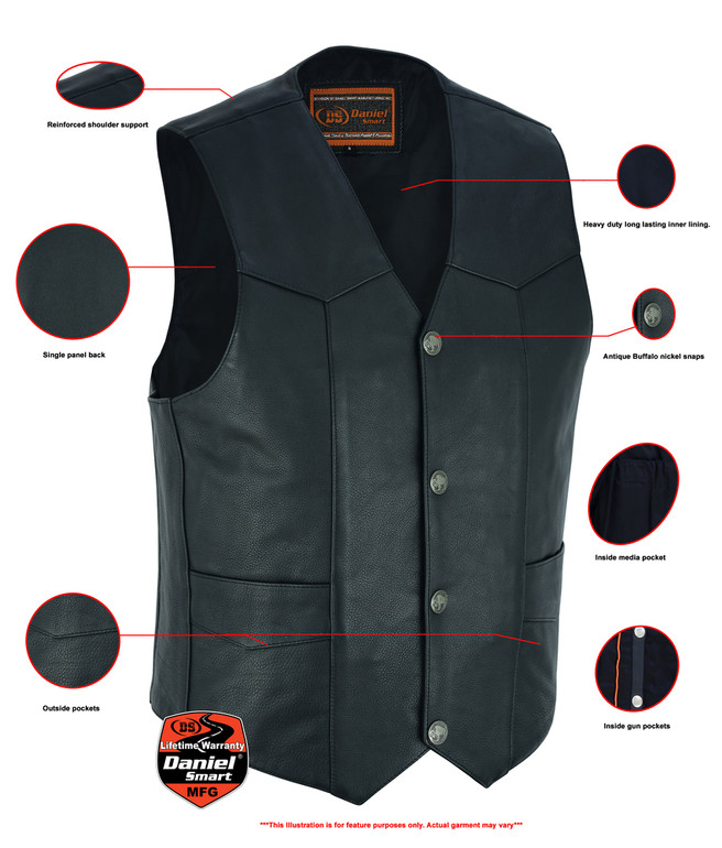 Leather Motorcycle Vest - Men's - Buffalo Nickel Snaps - Gun - Up To 9XL - DS115-DS