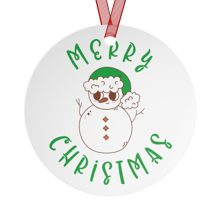 Merry Christmas Ornament - Snowman - Red - Green - Round - Metal Ornaments