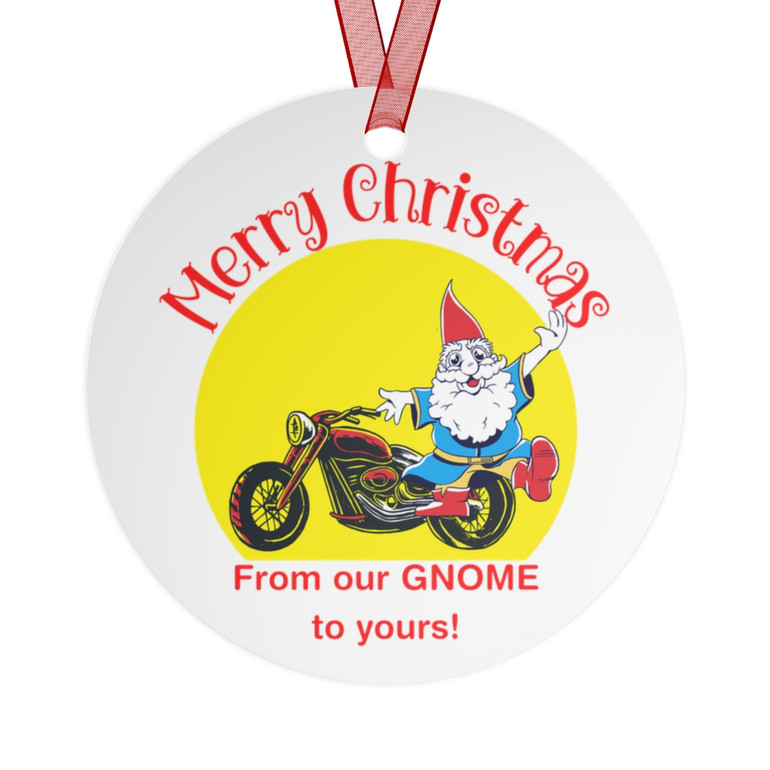 Christmas Ornament - From Our Gnome To Yours - Motorcycle - Red - Yellow - Round - Metal Ornaments