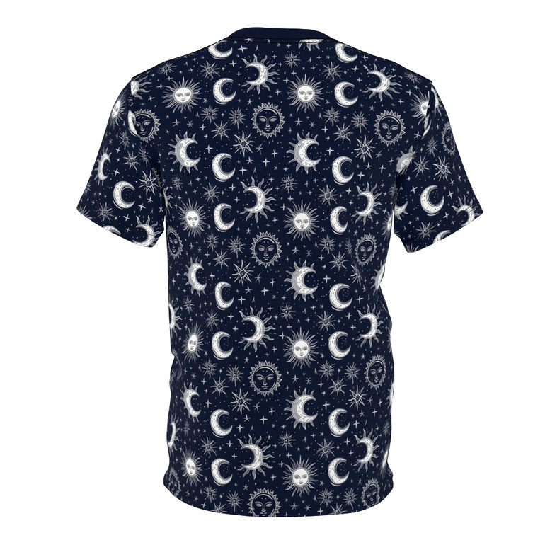 Sun Moon Stars - White On Midnight Blue - Unisex Cut & Sew Tee (AOP)