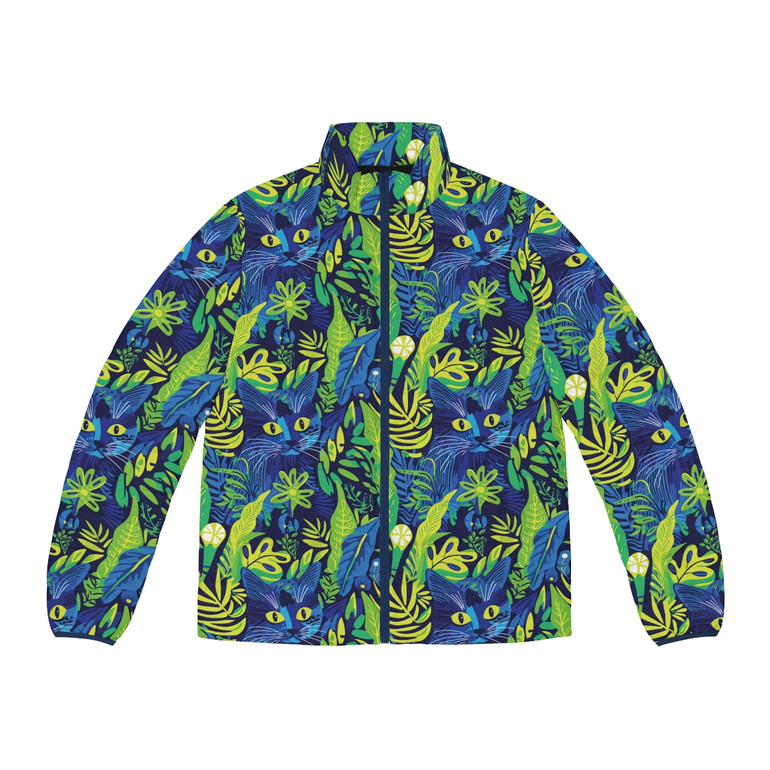 Cat Hiding in the Plants - Blues Greens Yellow - Multi Color - Men's Puffer Jacket