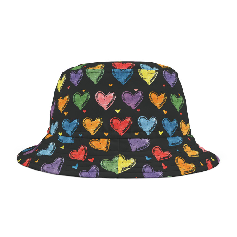 Colorful Hearts Pattern - Multi Colors on Black - Biker Bucket Hat