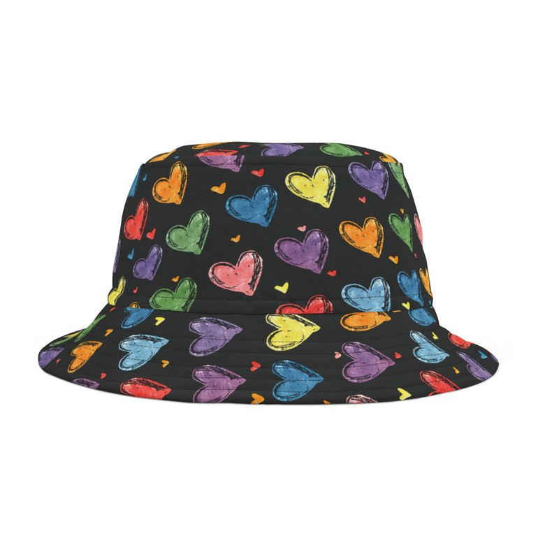 Colorful Hearts Pattern - Multi Colors on Black - Biker Bucket Hat