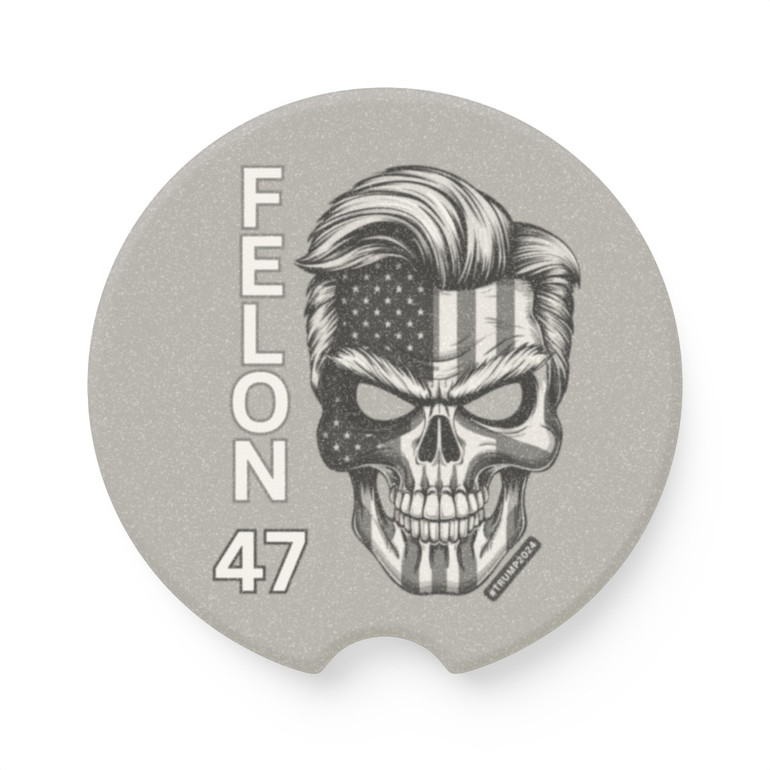 Felon 47 - Skull with American Flag - Grayscale - Donald Trump's Iconic Hair - Eyebrows - Soapstone Car Coaster