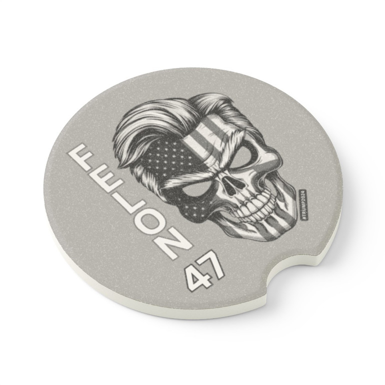 Felon 47 - Skull with American Flag - Grayscale - Donald Trump's Iconic Hair - Eyebrows - Soapstone Car Coaster