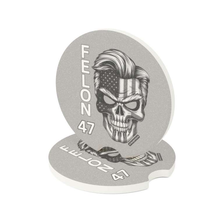 Felon 47 - Skull with American Flag - Grayscale - Donald Trump's Iconic Hair - Eyebrows - Soapstone Car Coaster