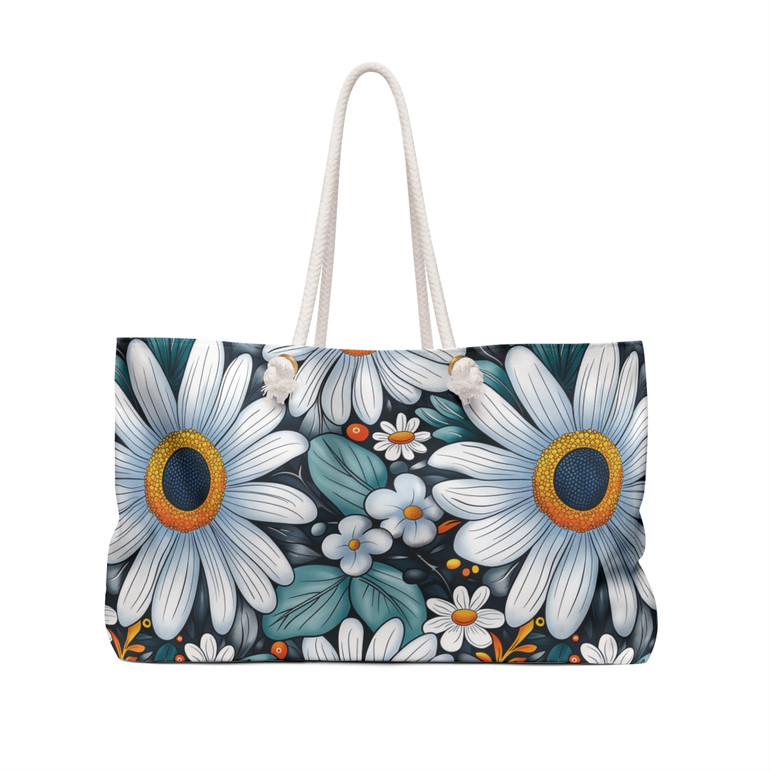 Aqua Daisies Pattern - Aqua and White on Black - Weekender Bag - Tote