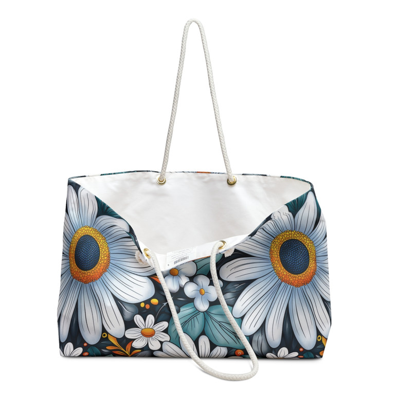 Aqua Daisies Pattern - Aqua and White on Black - Weekender Bag - Tote