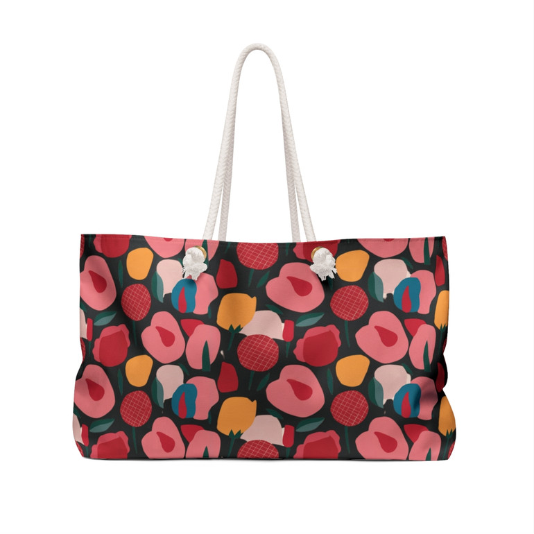 Pink Modern Stylized Roses Pattern - Pink Red Yellow on Black - Weekender Bag - Tote
