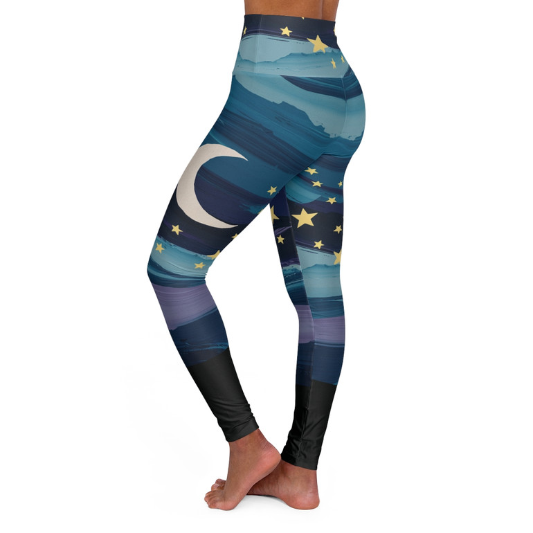 Moon and Stars - Hand Painted - Blue Purple Gold White Black - High Waisted Yoga Leggings - Pants