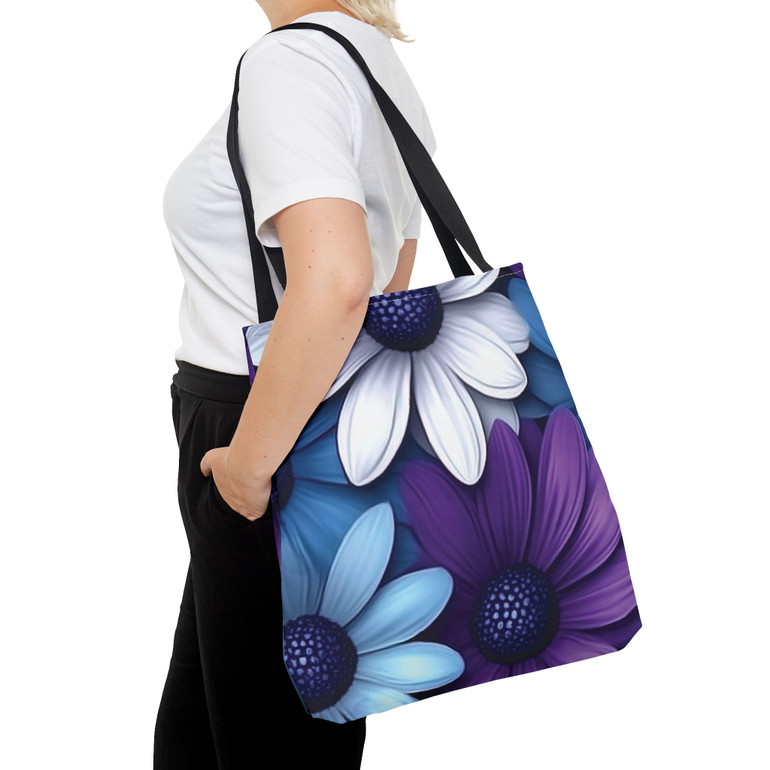 Floral Design - Blue Purple White - Multiple Handle Color Choice - Tote Bag