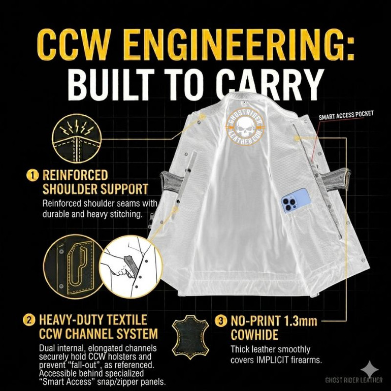 Concealed Carry Heavy Duty Pockets for great CCW Engineering. Leather Vest - Men's - Motorcycle Club - Up To 5XL, 6XL, 7XL, 8XL, 9XL, 10XL, 11XL, and 12XL - PICK-RC