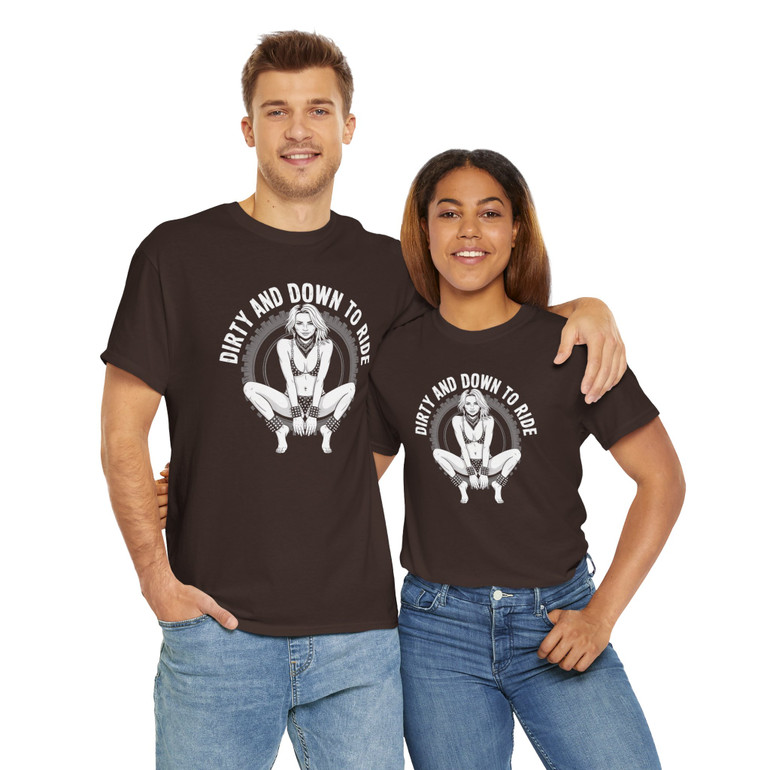 Motorcycle T-Shirt - Dirty and Down to Ride - Studs & Cuffs - Female Biker - Color Choice - Unisex Tee