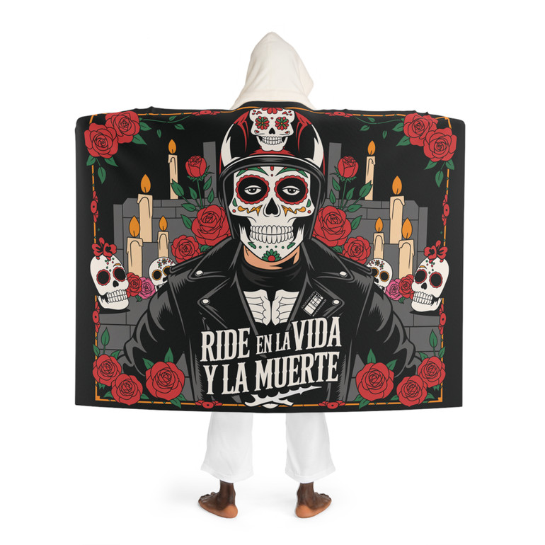 Cozy Hooded Sherpa Fleece Blanket | Biker Motorcycle | Day of the Dead - Sugar Skull Rider