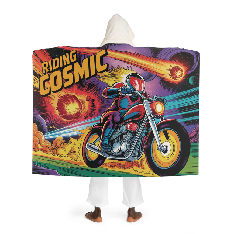 Cozy Hooded Sherpa Fleece Blanket | Biker Motorcycle | Riding Cosmic - Outrunning a Meteor Shower