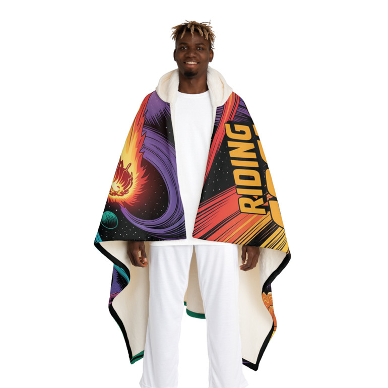 Cozy Hooded Sherpa Fleece Blanket | Biker Motorcycle | Riding Cosmic - Outrunning a Meteor Shower