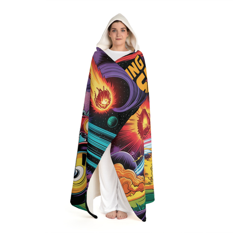 Cozy Hooded Sherpa Fleece Blanket | Biker Motorcycle | Riding Cosmic - Outrunning a Meteor Shower