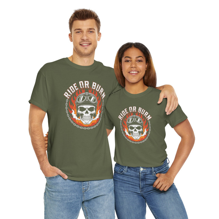 Motorcycle T-Shirt - Ride or Burn - Skull Helmet Goggles - Color Choice - Unisex Tee