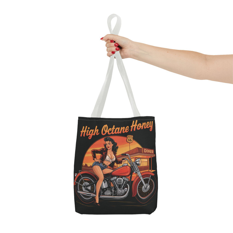 Biker Chick Tote Bag - High Octane Honey Pinup Girl - Rt 66 Diner - Vintage Motorcycle - Color Choice