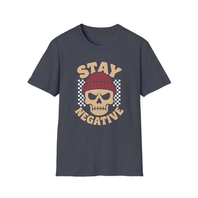 Stay Negative - Biker Tee - Angry Skull Wearing a Beanie - Unisex Softstyle T-Shirt