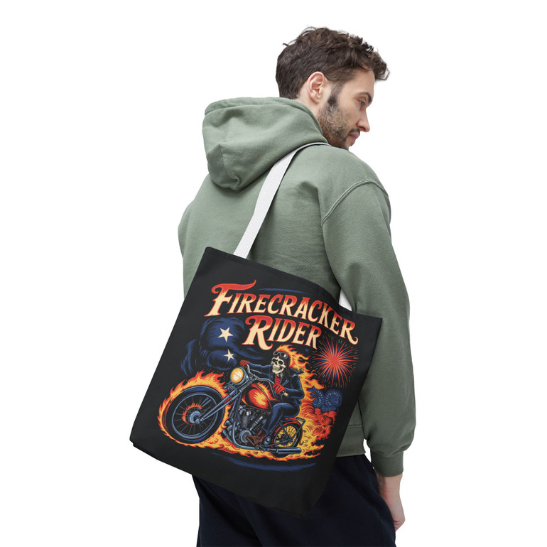 Tote Bag - Firecracker Rider - Skeleton Riding Motorcycle - 4th of July - Fireworks