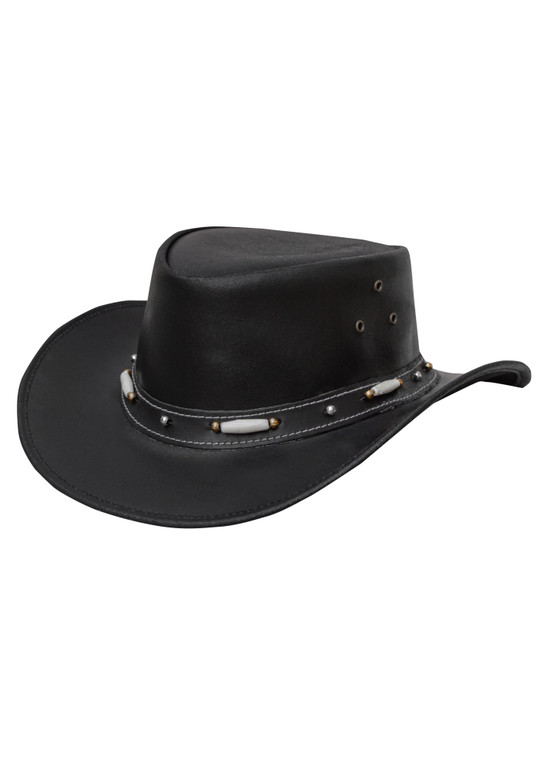 Cowboy Hat - Men's - Black Leather - Studs and Bone Design - HAT25-BLK-DL