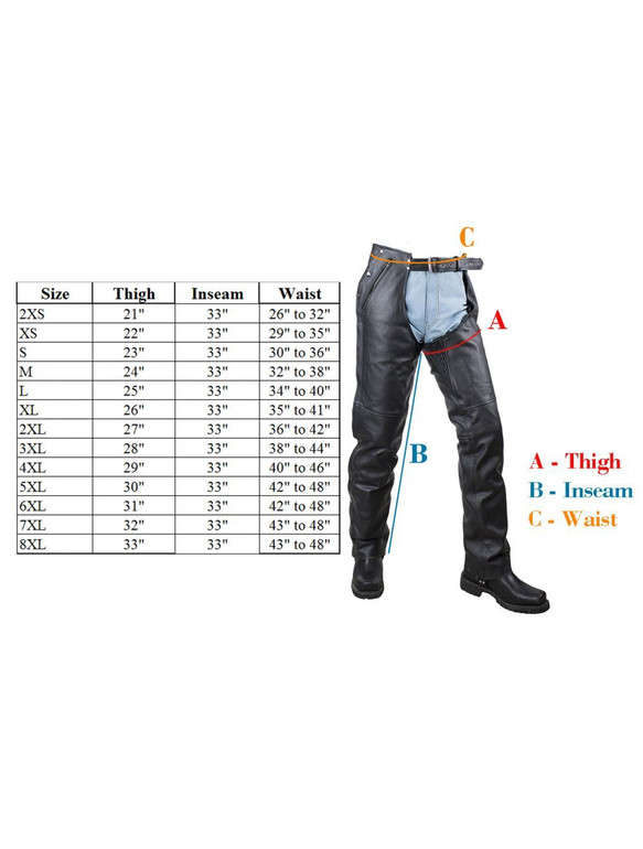 Leather Chaps - Men's or Women's - Stretch Thigh - Up To Size 12XL - Premium Leather - C4334-77-DL
