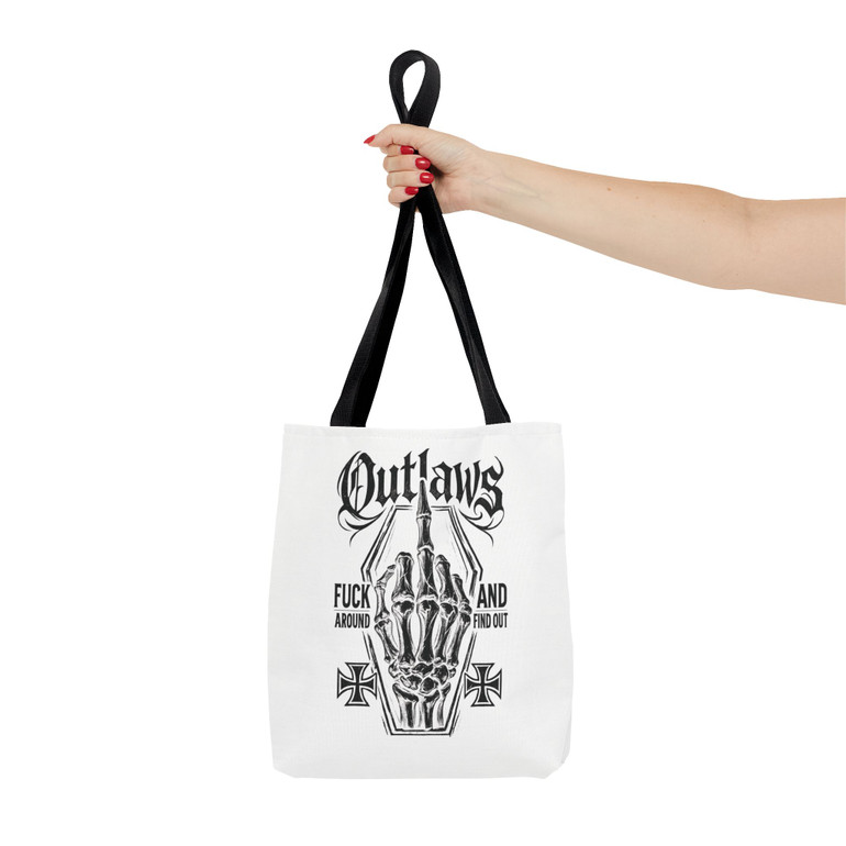 Tote Bag - Outlaws Skeleton Middle Finger - 'Fuck Around and Find Out' - Black on White - Choice of Sizes