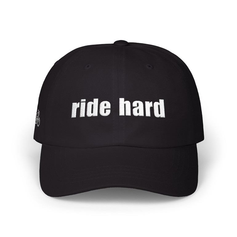 Dad Cap — "ride hard" Embroidered Baseball Hat - Motorcycle on Side - Color Choice