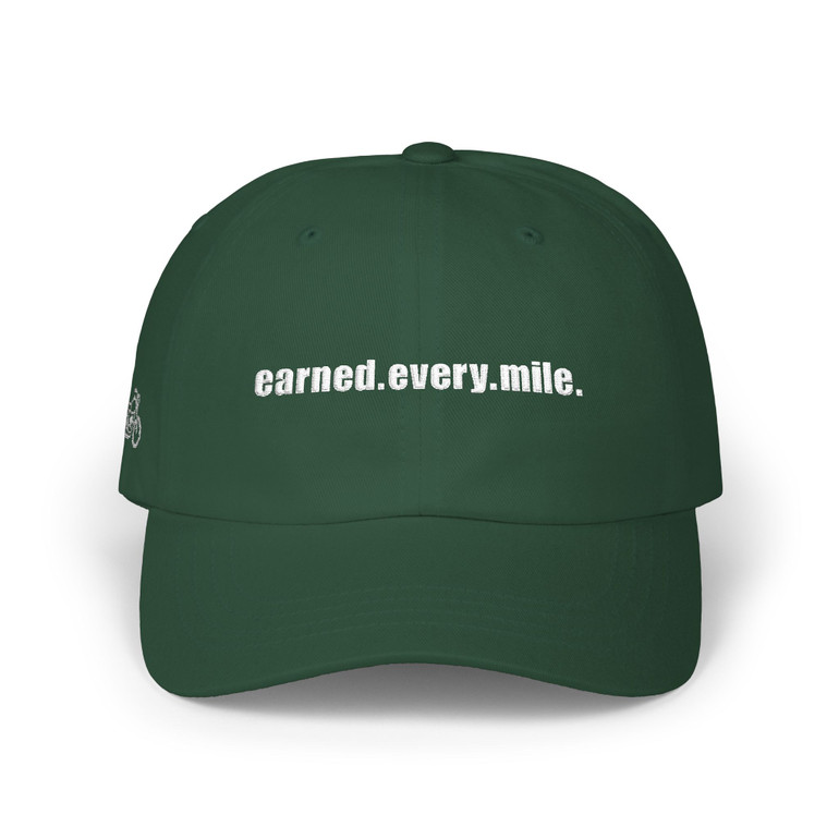Dad Cap — 'earned.every.mile.' - Embroidered Baseball Hat - Motorcycle on Side - Color Choice