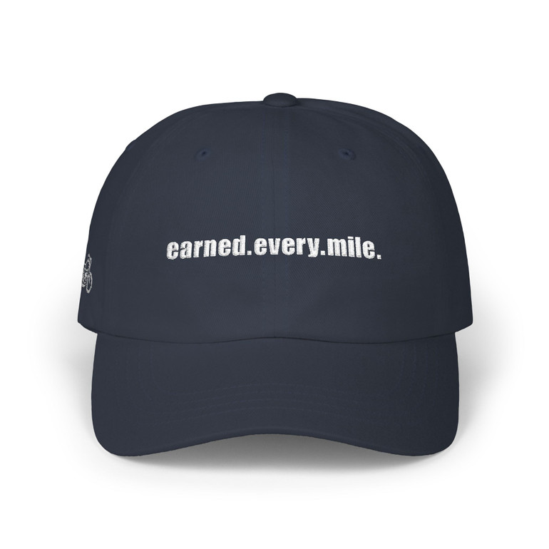 Dad Cap — 'earned.every.mile.' - Embroidered Baseball Hat - Motorcycle on Side - Color Choice
